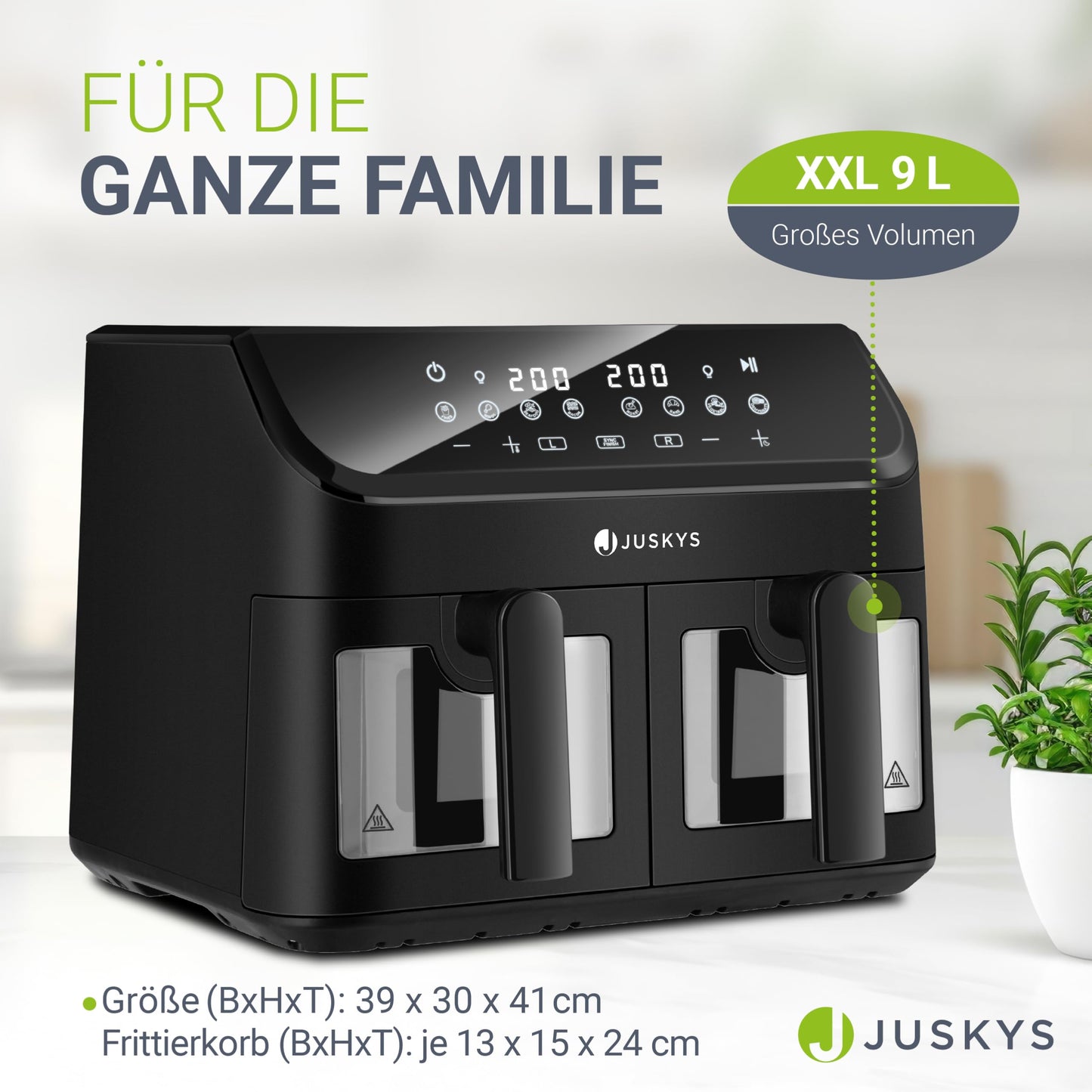 Juskys Airfryer 9 L Double Chamber - Hot Air Fryer with 2 chambers, 9 programs, coated, XXL deep fryer.