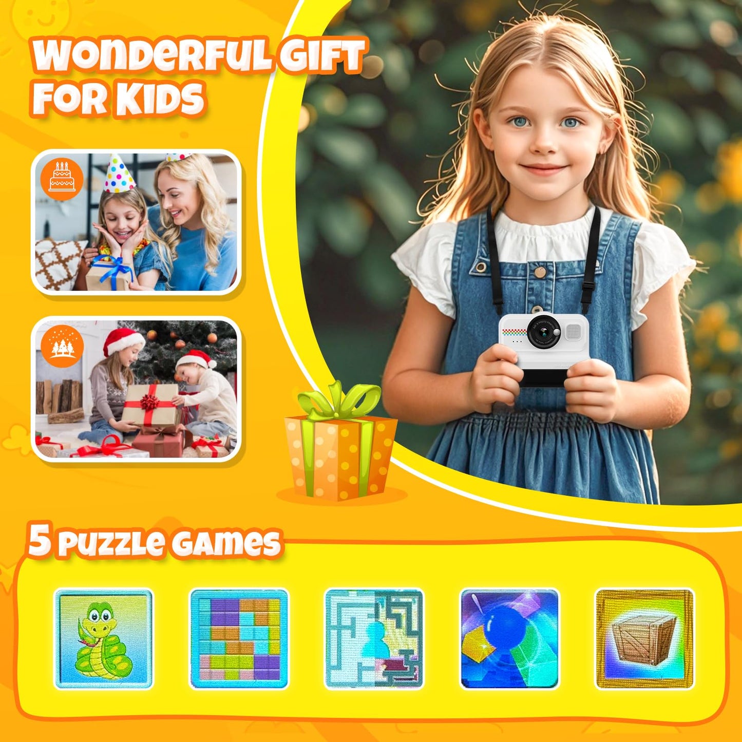 HiMont Kids Camera Instant Camera, 1080P Instant Camera for Kids with 32GB Card & 3 rolls of printing paper, fun kids' toy gifts for boys & girls aged 3-12 years.