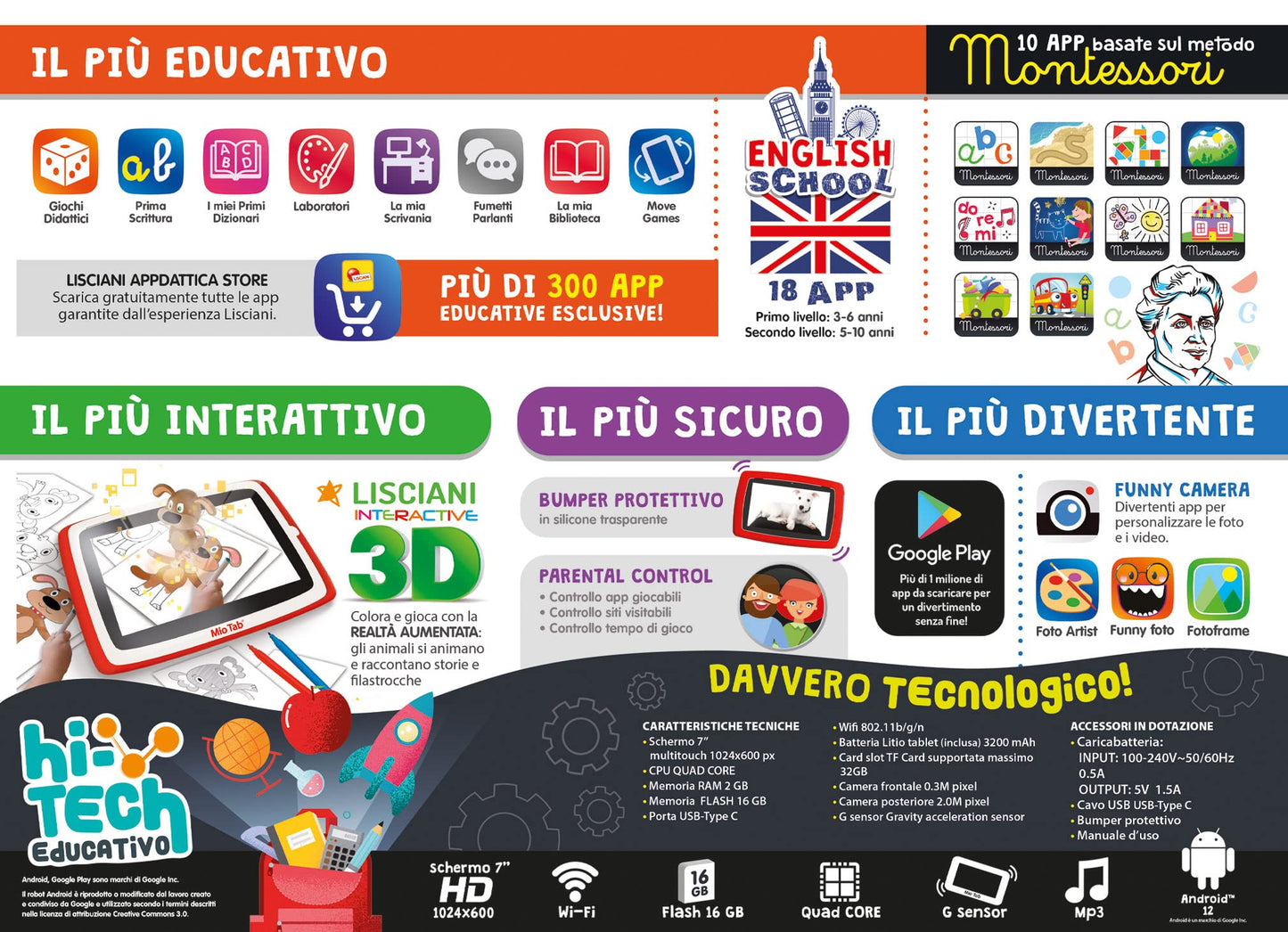 Liscianigiochi LISCIANI-Mio Tab 7 inch Smart Kid 2022, children aged 6-12, 16 GB memory, autonomous, sensory skills, hand-eye coordination, multicolor, 97012