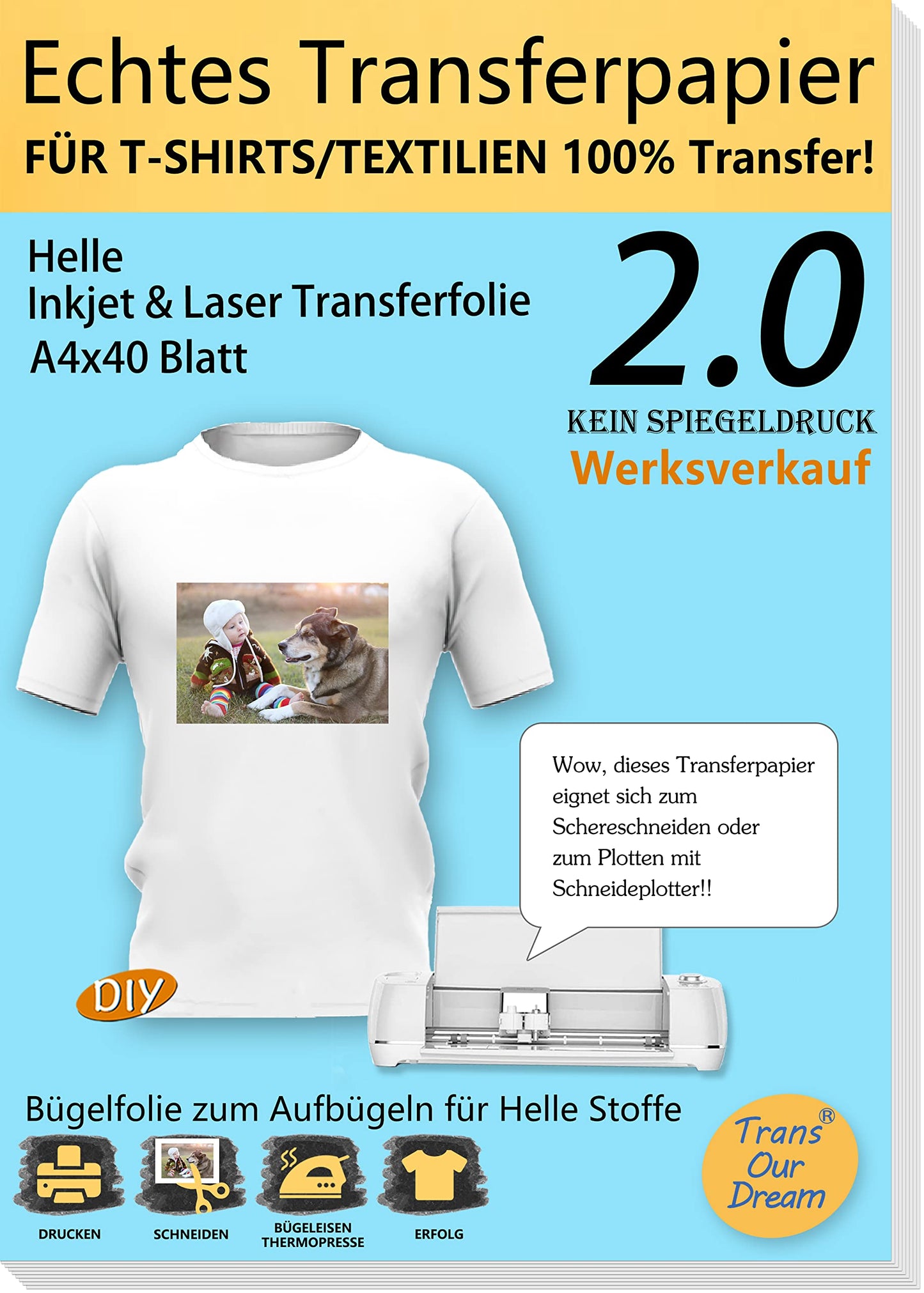 TransOurDream 40 sheets A4+4 A3 silicone paper, REAL inkjet/laser transfer film, transfer paper, textile film for inkjet printers, laser printers, printable iron-on film for light T-shirts, transfer paper