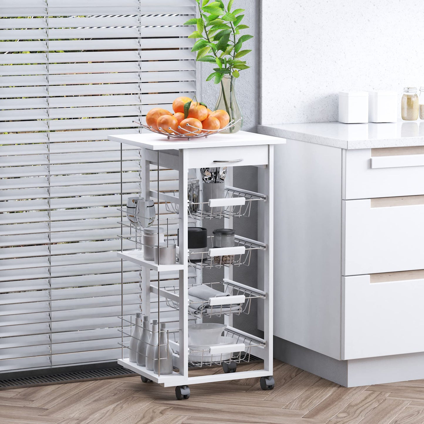 HOMCOM kitchen cart, 5-tier serving cart with countertop, rolling cart, kitchen shelf with wheels, drawer, and metal baskets, pine wood white 47 x 37 x 83 cm