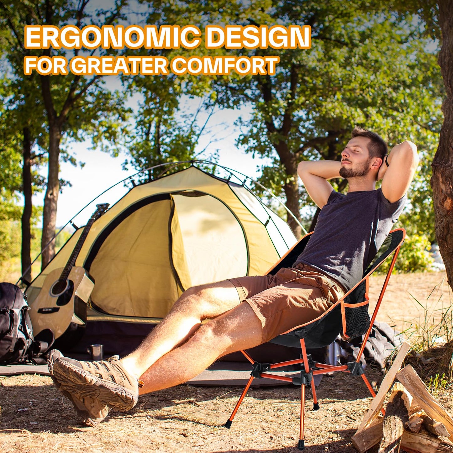 Sportneer folding camping chair is lightweight and portable, supporting up to 150kg. Compact and easy to carry with a carrying bag, perfect for picnics, outdoor activities, and hiking. Available in orange.
