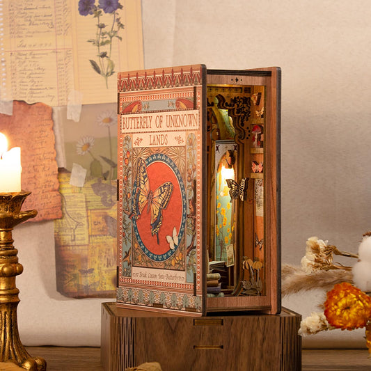 CUTEBEE DIY Book Nook Kit - DIY dollhouse miniature house kit with furniture and LED light, 3D wooden puzzle bookends, model kits for adults to build (Butterfly of Unknown Lands)