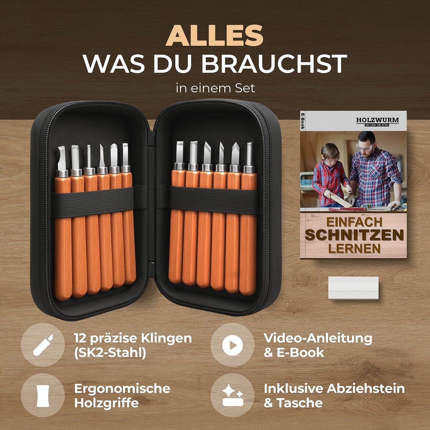 WOODWORM Wood Carving Tool Set - 17 pieces, including instructions for a carving project & E-book for beginners, pouch & sharpening stone, ideal carving knife set for beginners and professionals.
