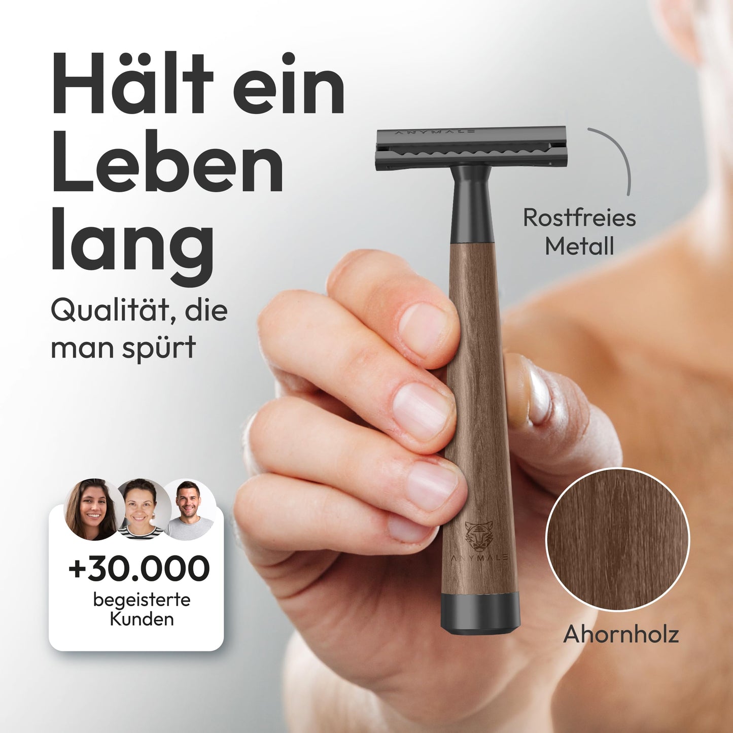 ANYMALE® Walnut Wood Safety Razor - Set with stand and 5 ASTRA blades - Zero Waste razor for ladies and gentlemen.