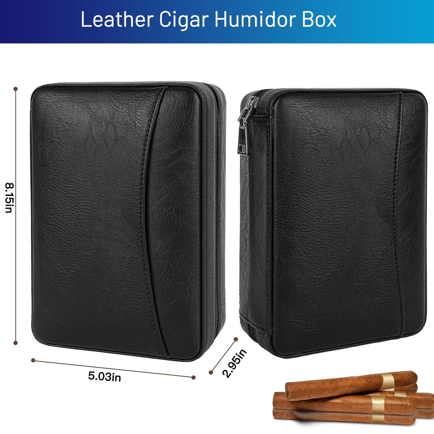 Portable leather cigar case with Spanish cedar interior and card storage. Perfect for business trips, birthdays, and Father's Day gifts. Includes cigar cutter and humidifier.