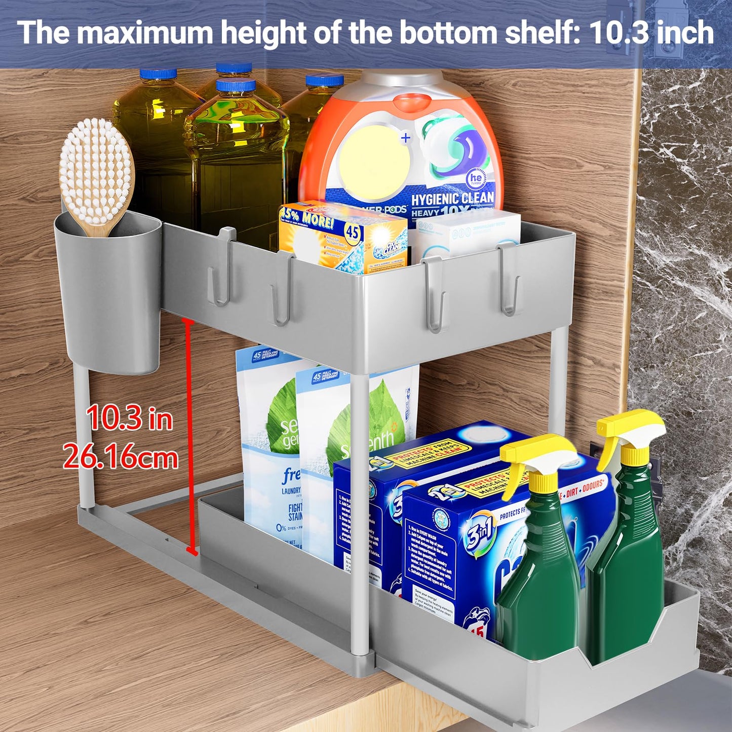 Puricon Under Sink Shelf, 2 Tier Standing Rack Kitchen Countertop Organizer, Multifunctional Kitchen Shelf Spice Rack Under Cabinet Shelf Sink Cabinet Rack - Grey