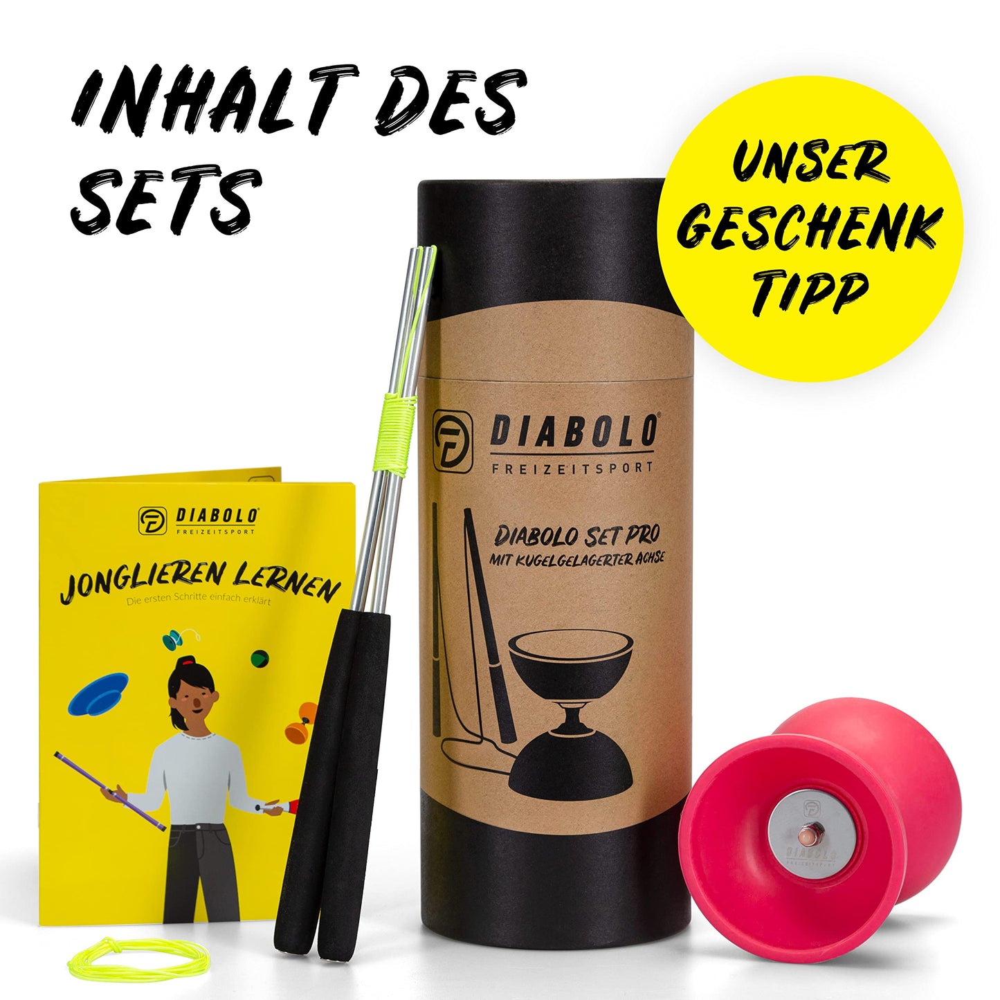 Diabolo recreational sport juggling set Pro with ball-bearing diabolo (pink), aluminum handsticks, replacement string, instructions - with gift packaging.