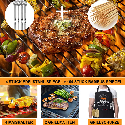 BBQ Tools Set, Grill Accessories Men's Gift Christmas, Stainless Steel BBQ Toolbox Set of 21, Grilling Accessories with BBQ Tongs, Spatula, and Apron, BBQ Grill Set Ideal for Outdoor and Camping.