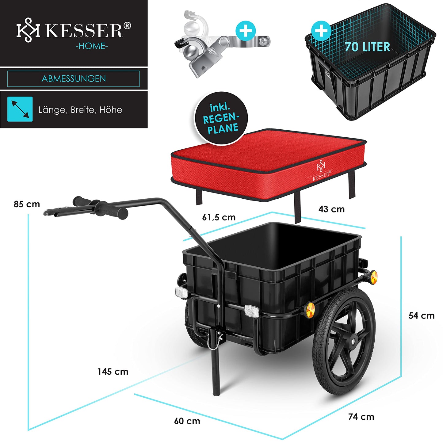KESSER® Bike trailer, cargo trailer, hand cart with coupling, high drawbar, for transporting bikes. Transport box with 70 liters volume, max. 60kg, + accessories for bikes with 26-28 inches, red.