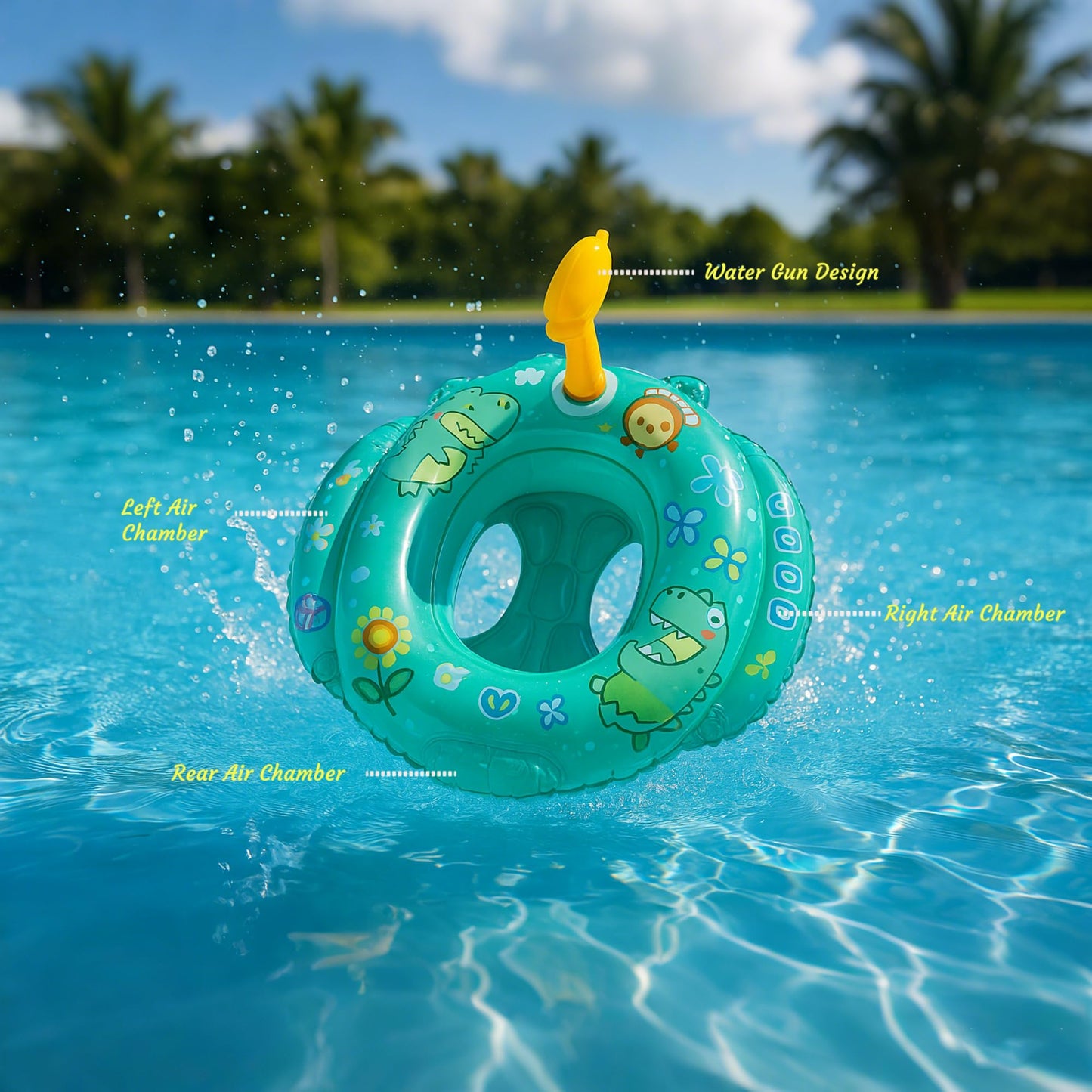 Inflatable dinosaur swim ring for kids with built-in water gun, extra thick PVC (0.25mm), for fun in the pool and at the beach.