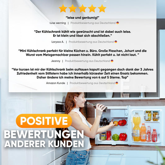 Stillstern Mini Fridge 45L with defrost function, lock, freezer compartment, quiet operation, ideal for kitchen, office, bedroom, hotels, and small apartments. Small refrigerator, minibar, beverage cooler in white.