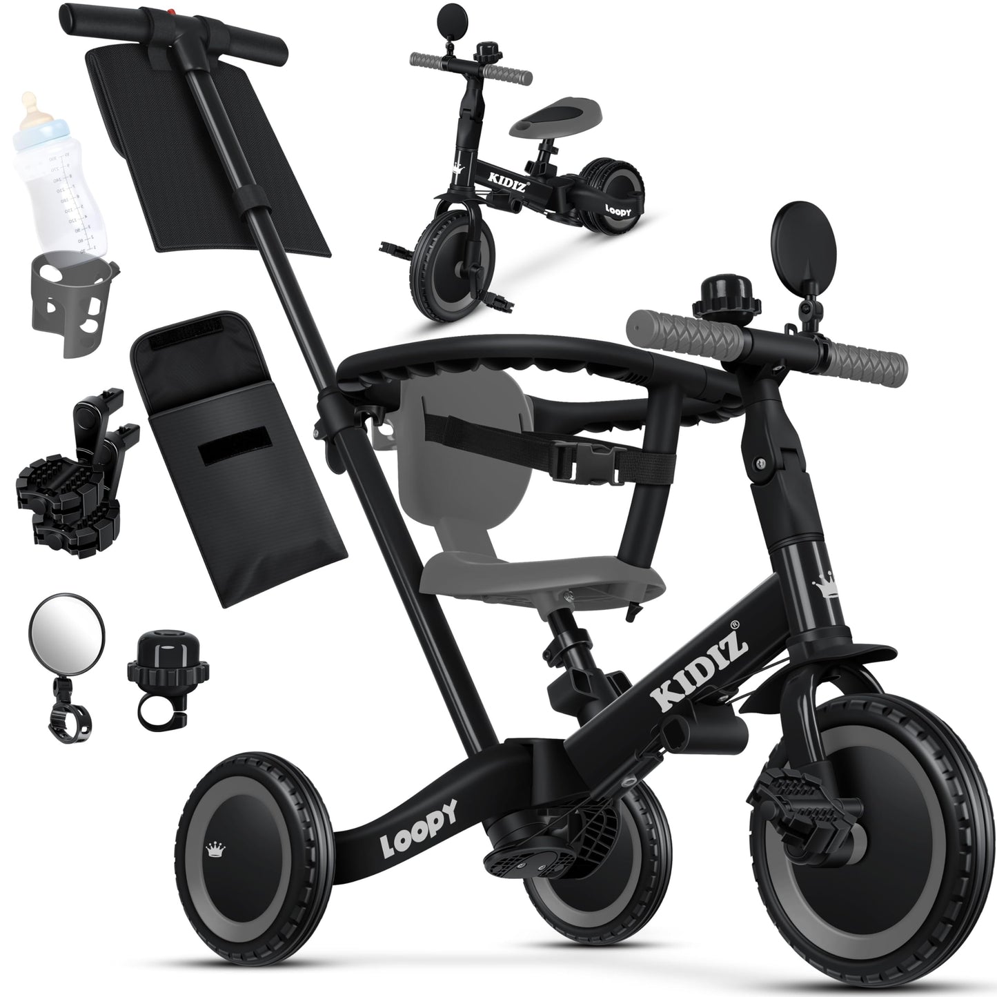 KIDIZยฎ 6in1 Balance Bike Trike | Kids' Ride-On Bike for Ages 1-5 | Supports up to 55lbs | Includes Handlebars, Safety Bar, Seatbelt, Bell & Mirror