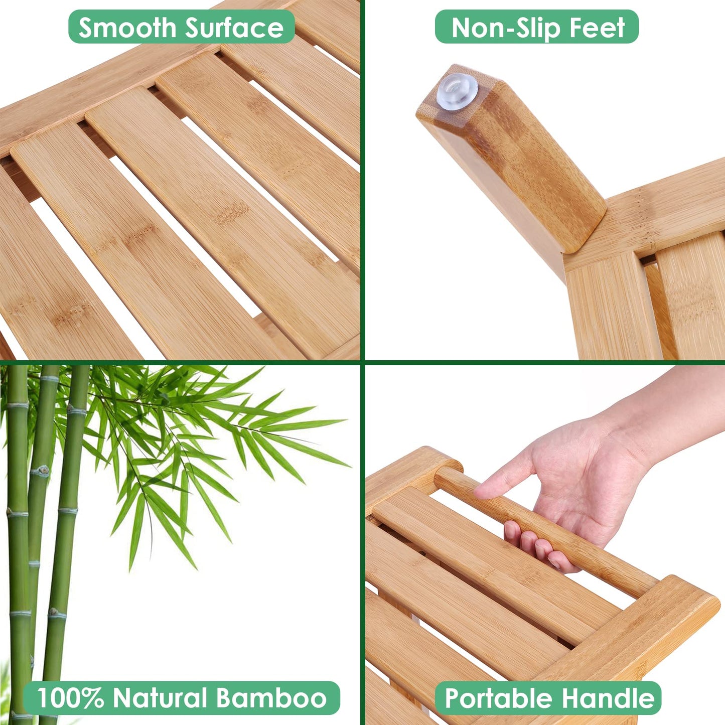 HOCSOK Bamboo Stool Bench Bathroom Shower Stool 2-Tier Water-resistant Non-slip Home Garden Balcony 60 x 33 x 46 cm Bathroom Furniture Natural with Soap Dish
