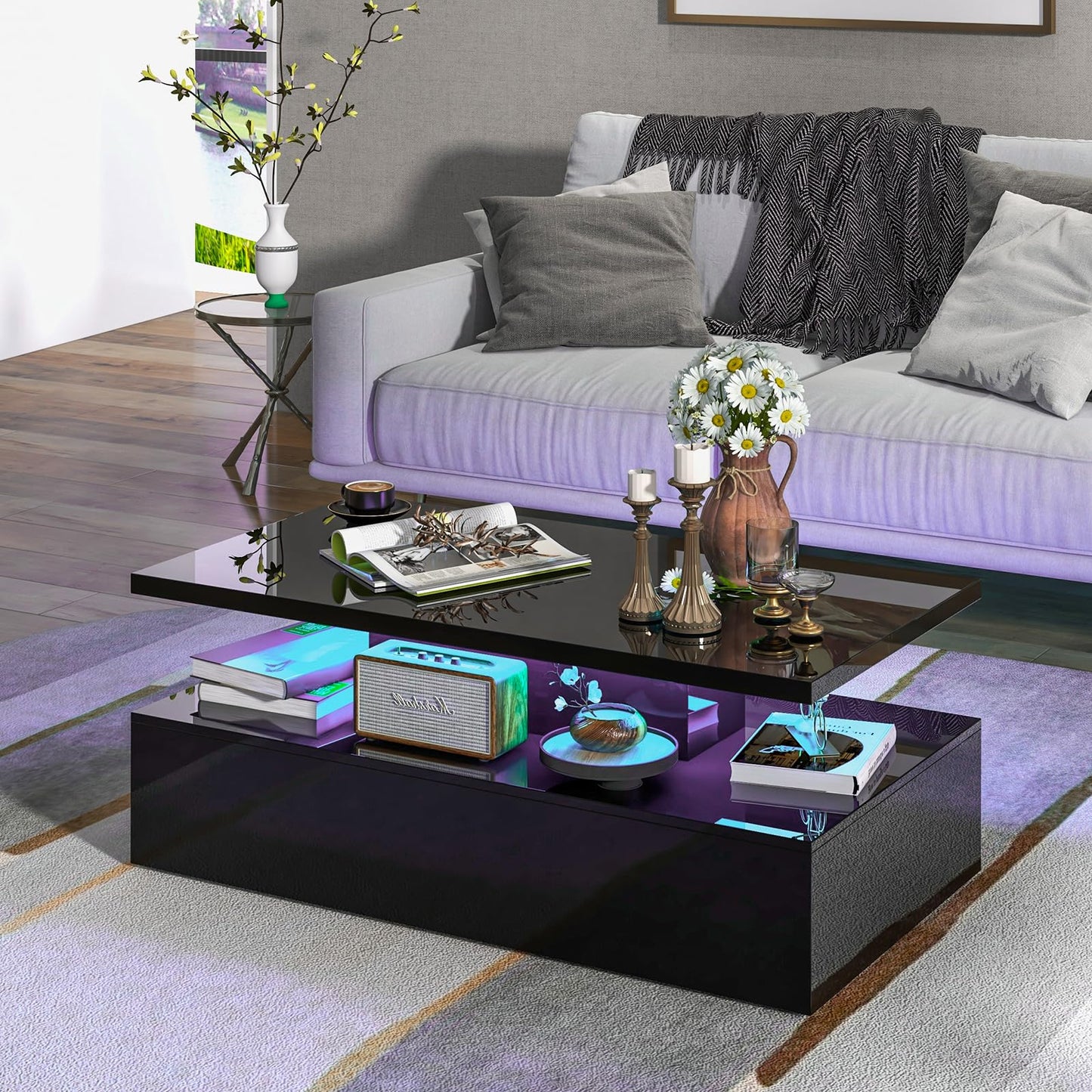 COSTWAY LED coffee table high gloss, living room table with adjustable light colors & brightness, remote control, 2-tier coffee table, rectangular sofa table for living room, black, 110 x 60 x 40 cm.