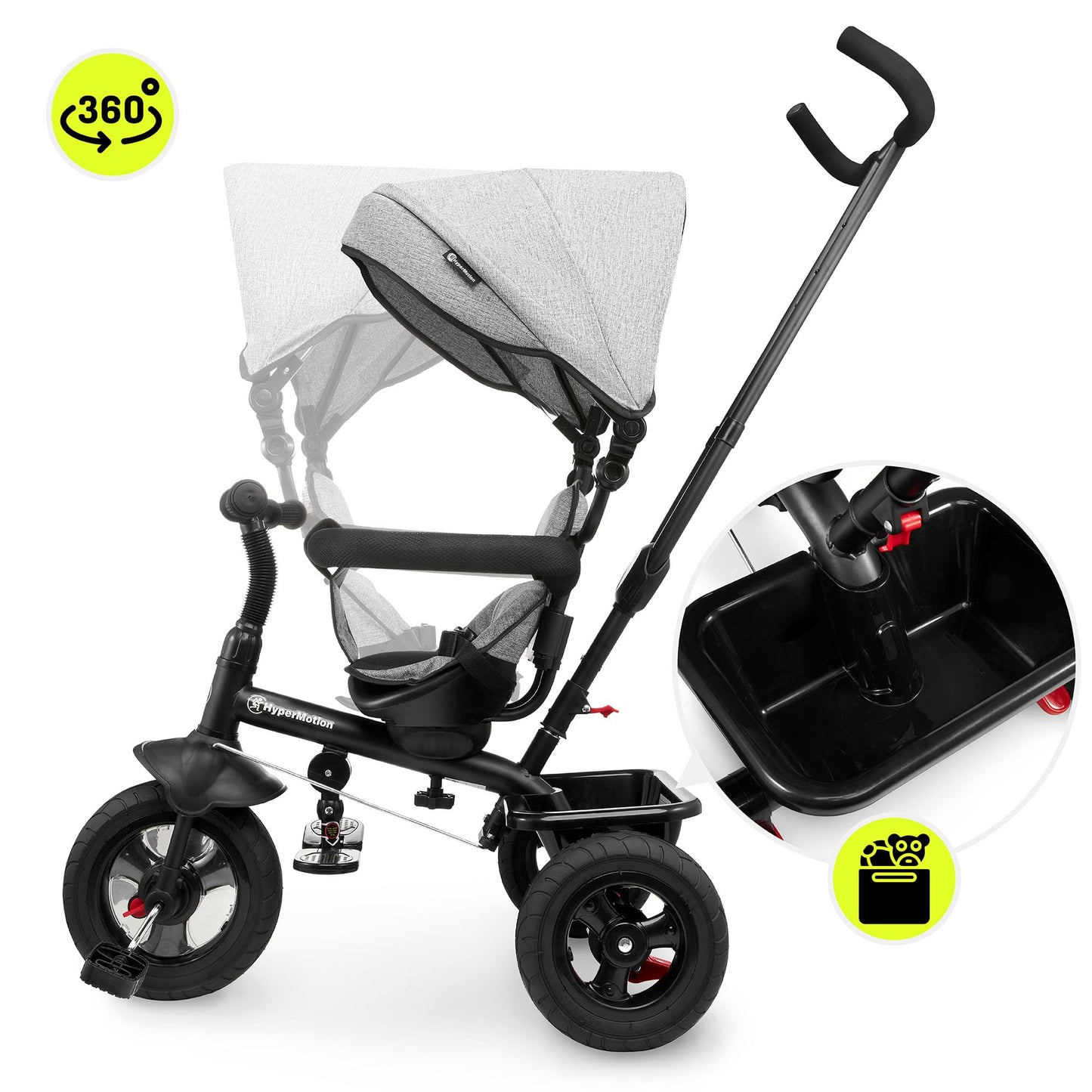 HyperMotion tricycle from 1 year with push bar - 3-in-1 children's vehicle for 1-4 years, up to 20 kg - with height-adjustable parent handle and push handlebar, Grey