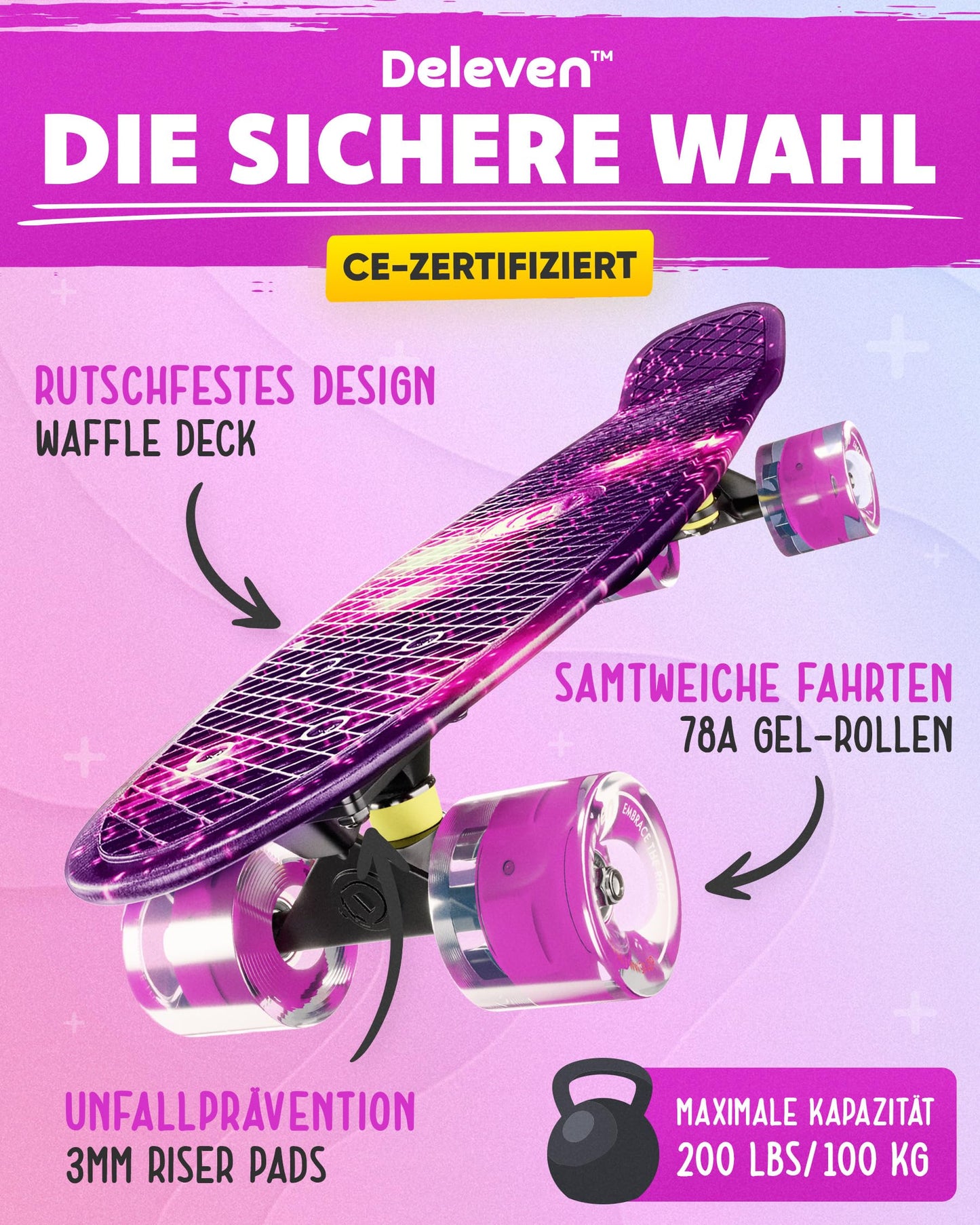 Deleven skateboard with LED wheels, skate tool, and ABEC 7 bearings - for kids, adults, beginners - 56 cm.