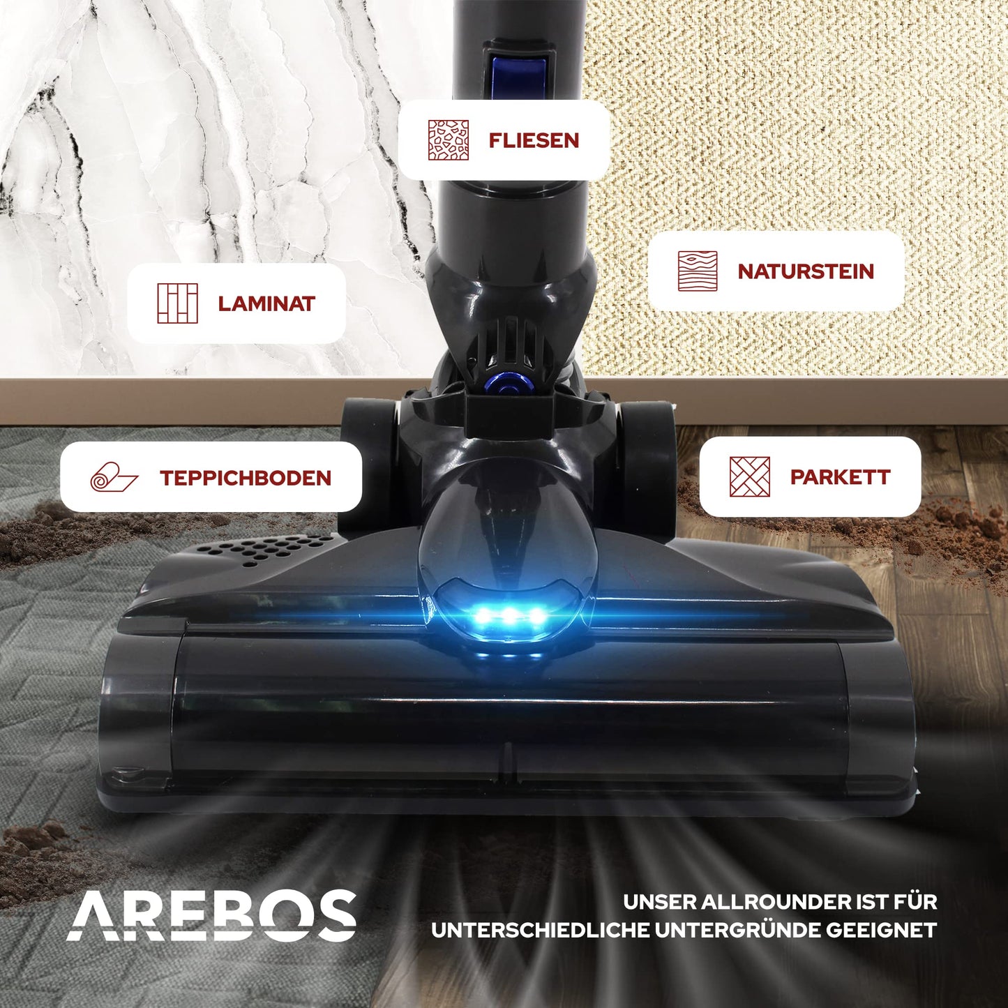 Arebos cordless handheld vacuum | 2-in-1 hand and floor vacuum | 2 powerful suction modes | Bagless | Up to 55 minutes cordless | with wall charging station | Blue