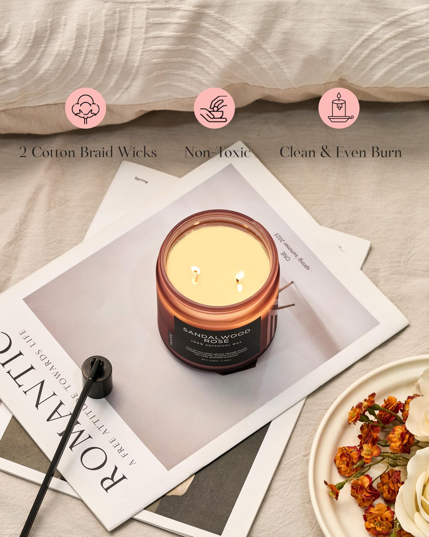 M&SENSE Sandalwood Rose scented candle (330g, 70h) - 2-wick Intense wood scent - Natural soy wax candle - Long-lasting for home - Gift for men & women.