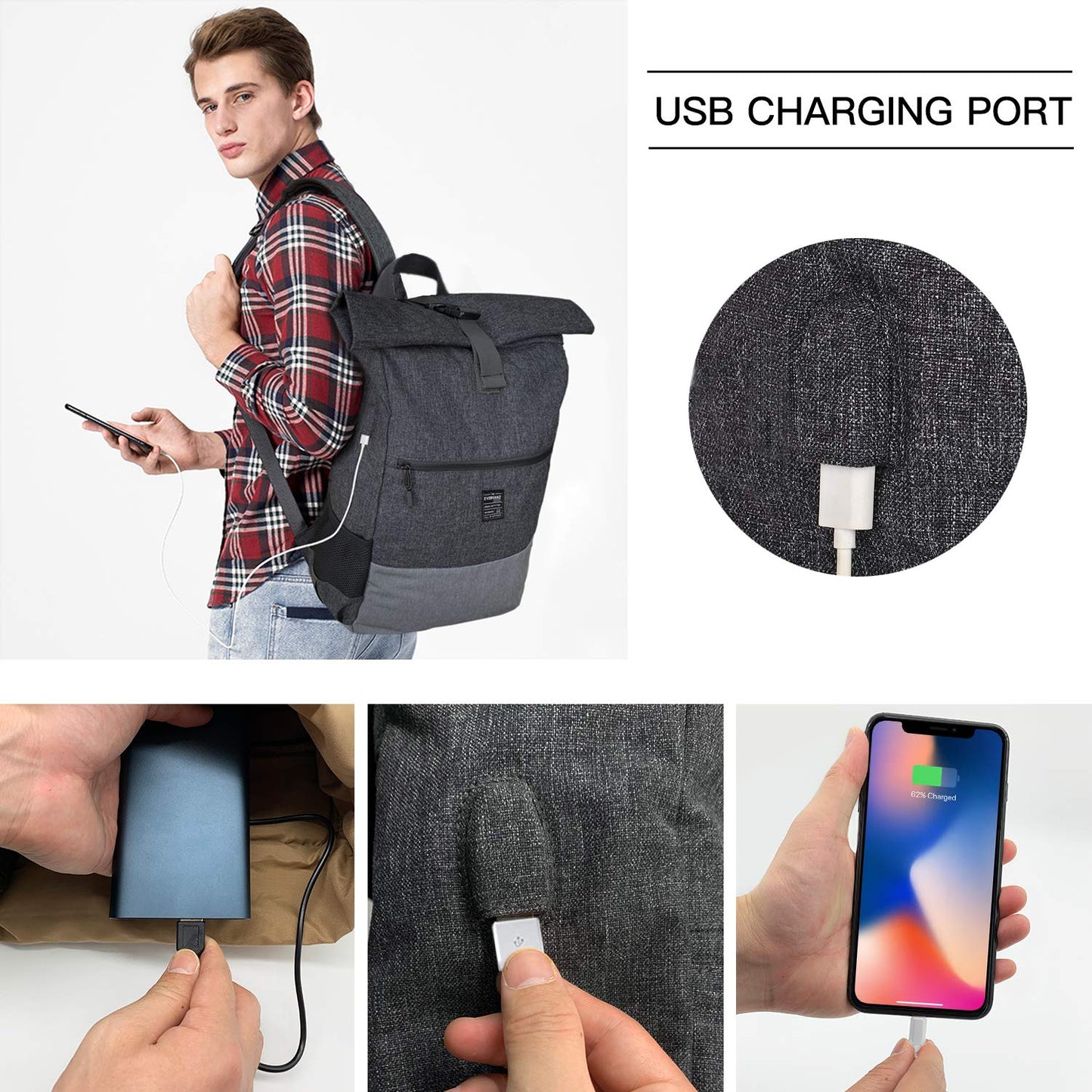 EverVanz Laptop Backpack, Men & Women Roll Top Waterproof Hiking Backpack, Lightweight Casual Backpack, Stylish School Bag with USB Charging Port, L, Gray