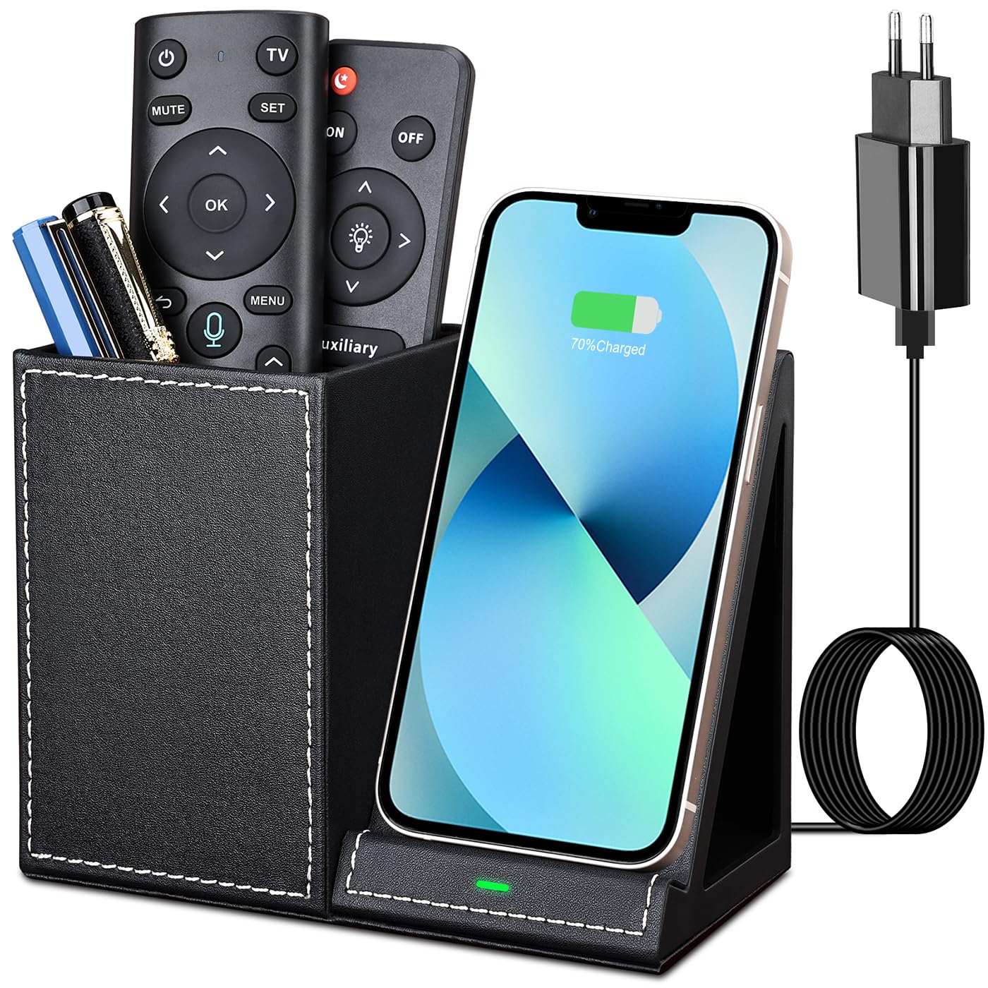 LADSTAG pen holder desk organizer with inductive charging station, office supplies 10W wireless charger for iPhone 14 13 12 11 Pro Max and Samsung Galaxy S23/S22/S21/S20/S9 (Black)