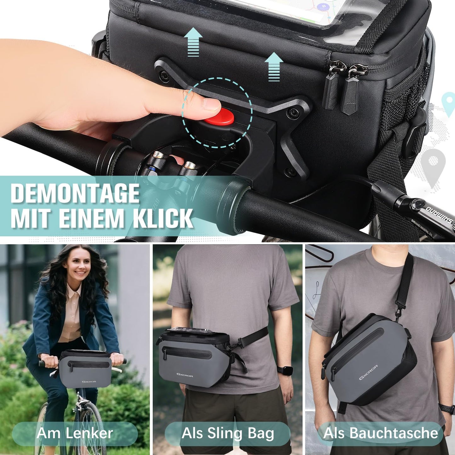 GXCROR Bicycle Handlebar Bag 4.7L with Quick Release | Stable Holder for City & Trekking | Waterproof + Phone Pocket + Drink Holder