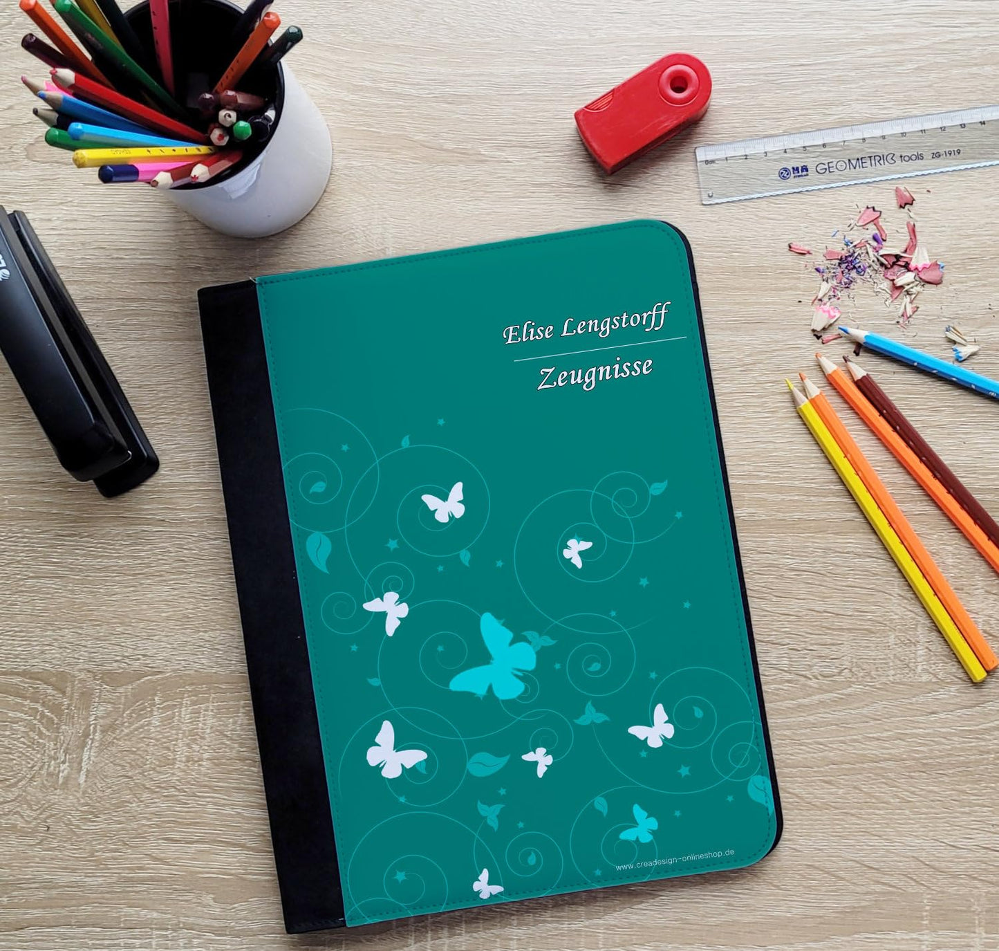CreaDesign customizes A4 folder for kids 26.7x32.7x1 cm, with 10 clear pockets, expandable to 20, Butterfly Petrol design, document holder for students.