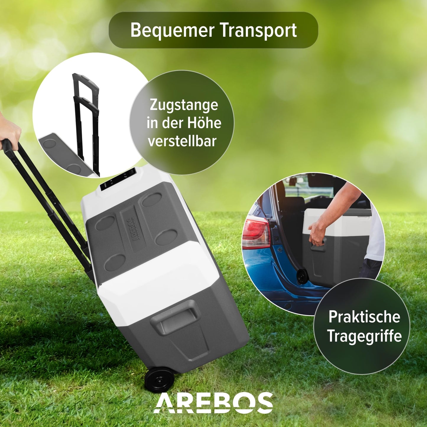 Arebos compressor cooler box with wheels 47L Electric freezer box with APP & smart control Cooling and heating function Mobile cooler with USB port 12/24 V 230V for car, truck, camping, boat, motorhome