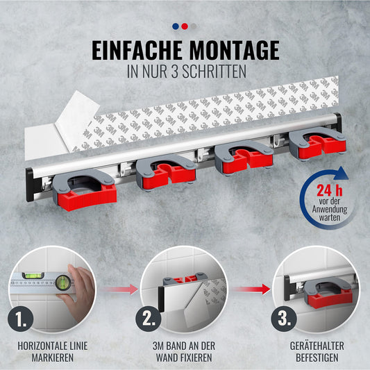 Garlavie self-adhesive broom holder for wall with 4 holders and 5 hooks - tool holder for brooms, garden tools, and kitchen - broom holder without drilling - organizer for garden and household 1x