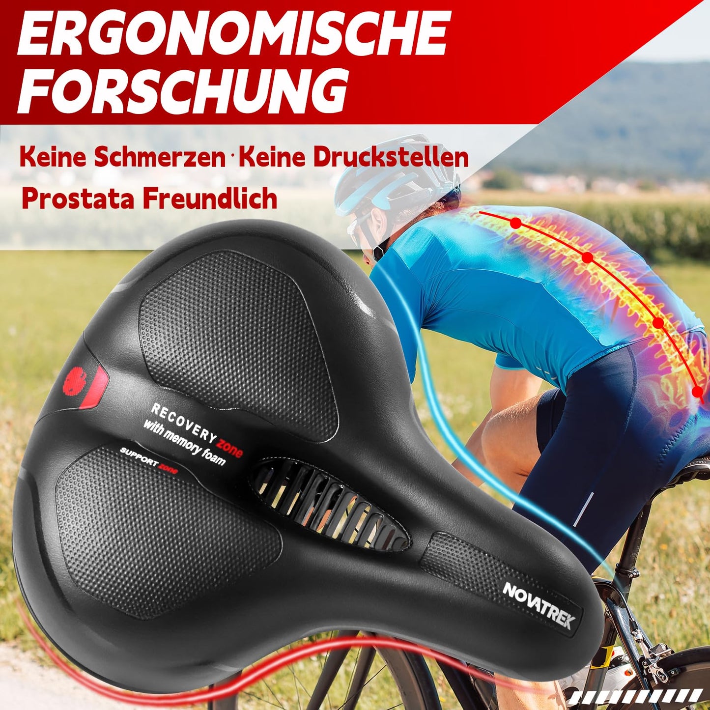 NOVATREK Premium Bike Saddle for Women Men Comfortable Soft Shock Absorbing Breathable Ergonomic Waterproof Bicycle Seat, Trekking Road City MTB e-Bike saddle.