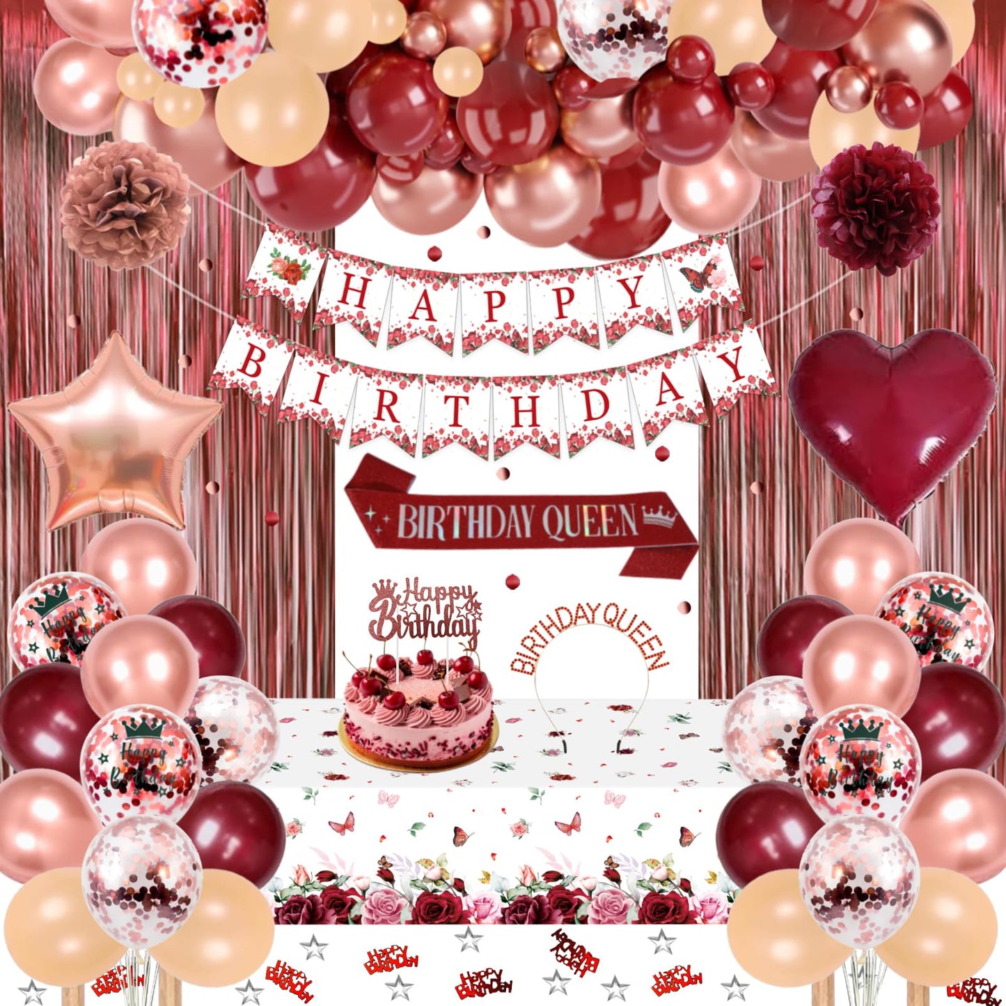 Birthday decoration, burgundy red rosegold party decor set with Happy Birthday banner, confetti balloons, sash and birthday crown, tablecloth, curtain, pom poms for women girls birthday decor.