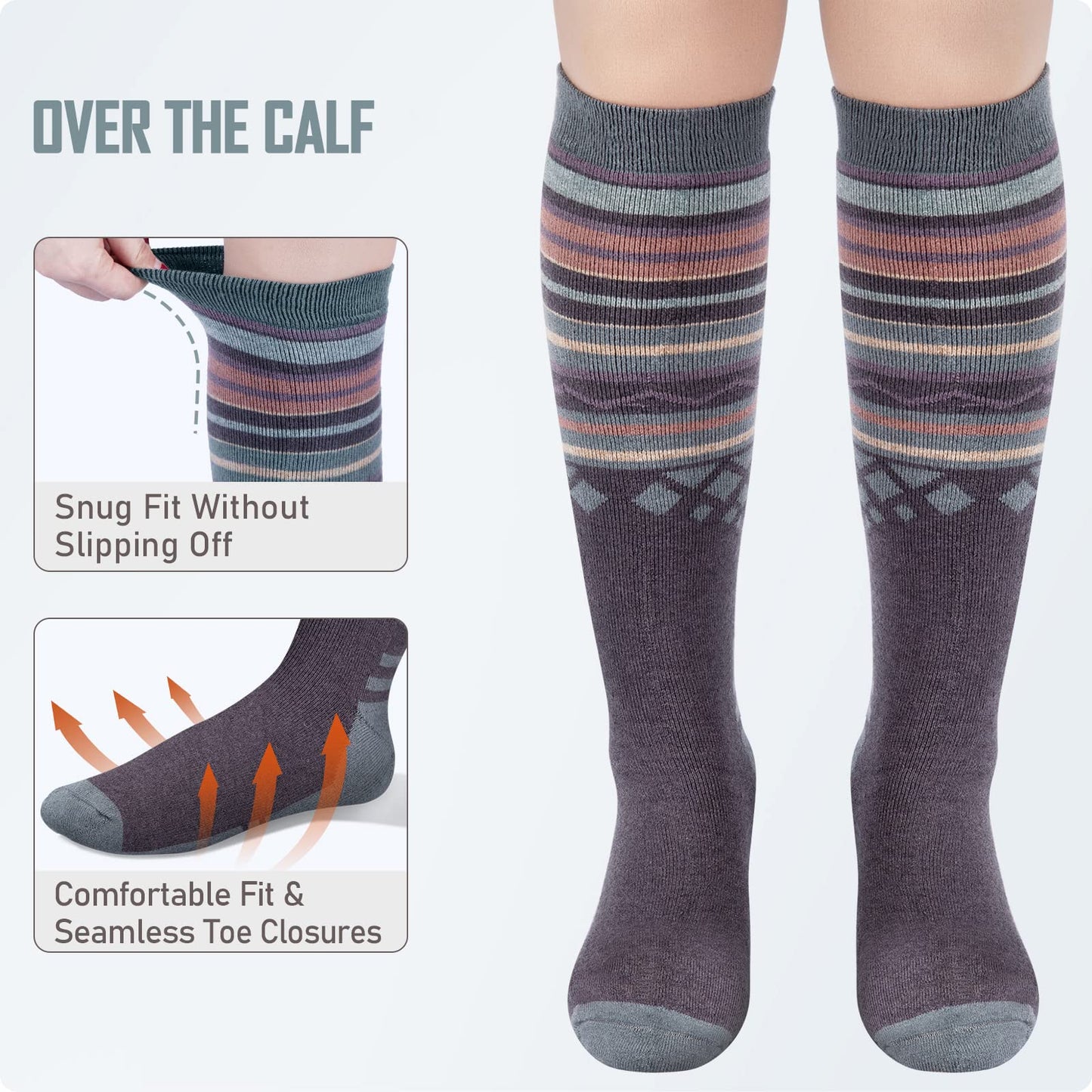 OutdoorMaster 3 pairs of Unisex Merino Wool Ski Socks for women & men, winter snowboarding breathable socks for outdoor sports with OTC design/anti-slip cuffs.