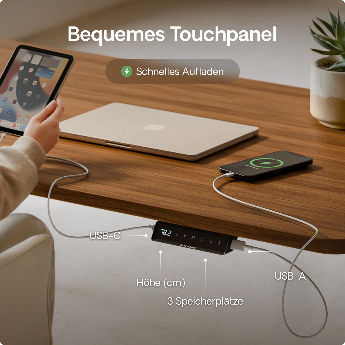 Desktronic Homeone height-adjustable desk 140 × 70 cm - Electric desk with two electric motors, touchscreen control, and integrated USB-A and USB-C charging ports.