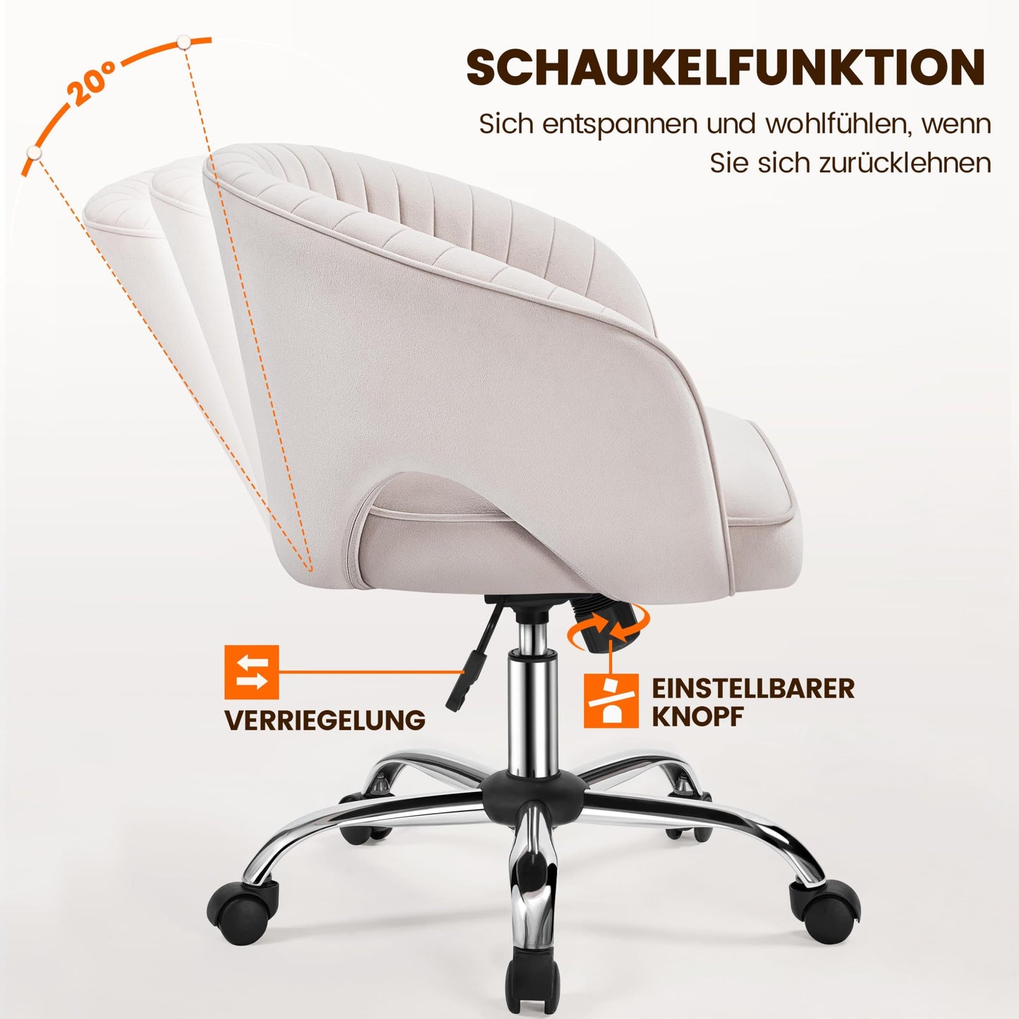 Yaheetech Makeup Chair with Velvet Cover, Office Chair with Armrests, Swivel Chair with Casters, Height Adjustable Home Office Chair, Office Chair with Rocking Function, Rotatable Upholstered Chair Cream White