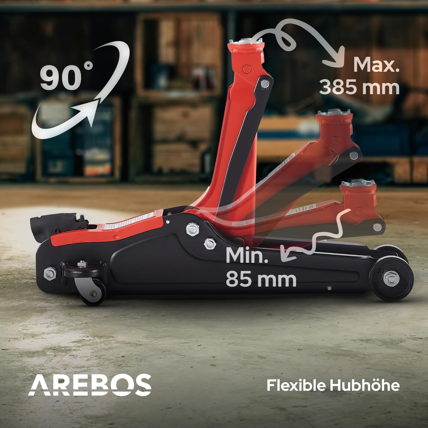 Arebos 2T Hydraulic Trolley Jack - Low-profile jack with lifting range of 85-385 mm - includes 4 rubber pads - jack for car vehicle automotive - sturdy jack & stand for workshop and garage.