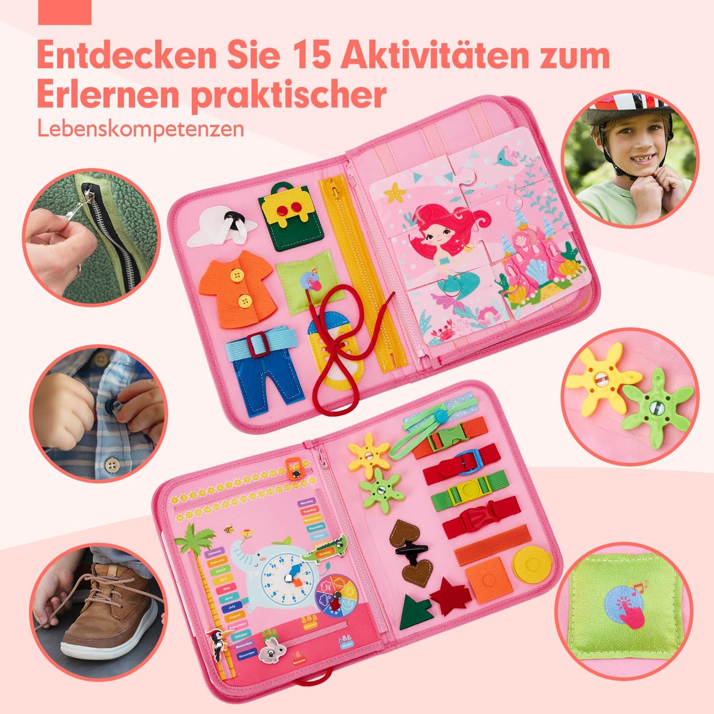 hahaland Montessori Busy Board, Interactive Learning Toy and Activity Board for Kids with 15 Activities. Perfect Busy Book Gift for Boys and Girls, Ideal for Traveling in Cars or Airplanes.