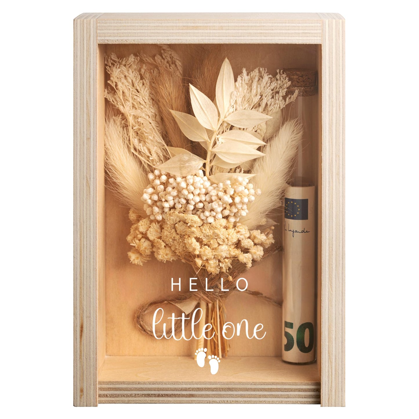 Buy by Brothers money box, money gift box, money gift, Hello Little One, baby boy/girl birth gift, wooden box+dried flowers+test tube, muted green, rusty orange, tan.
