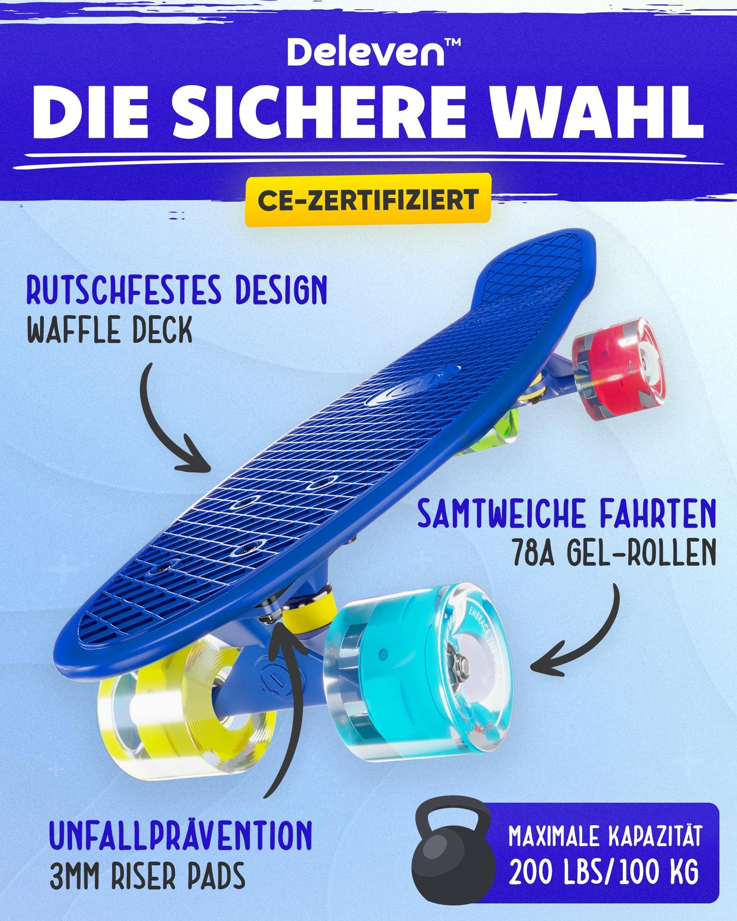 Deleven Skateboard with LED wheels, skate tool, and ABEC 7 bearings - for kids, adults, and beginners - 56 cm