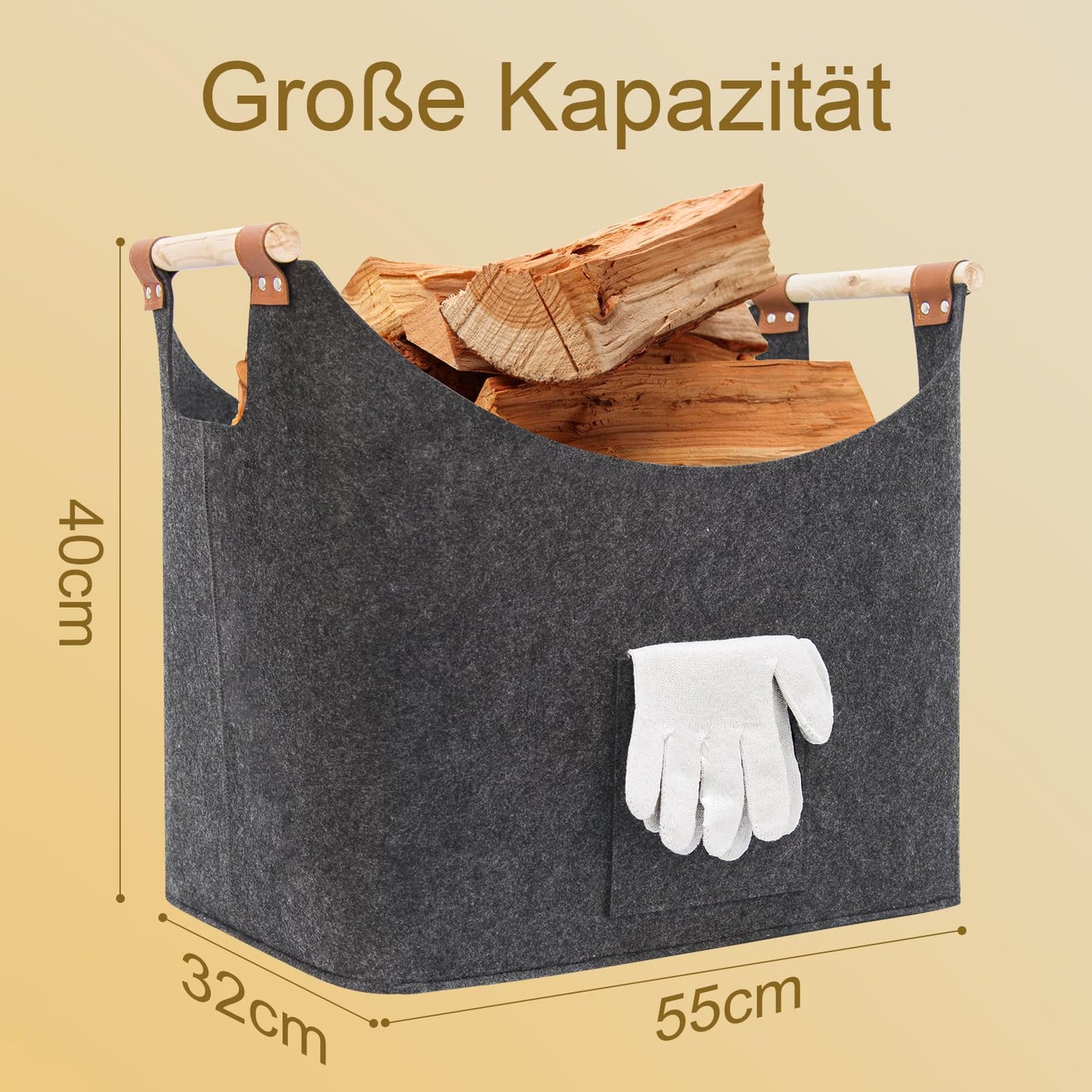 LARGE FINEW wooden basket for firewood, XXL firewood basket with gloves, Foldable felt bags made of felt, Large felt baskets for firewood storage, newspapers, wood, toys.