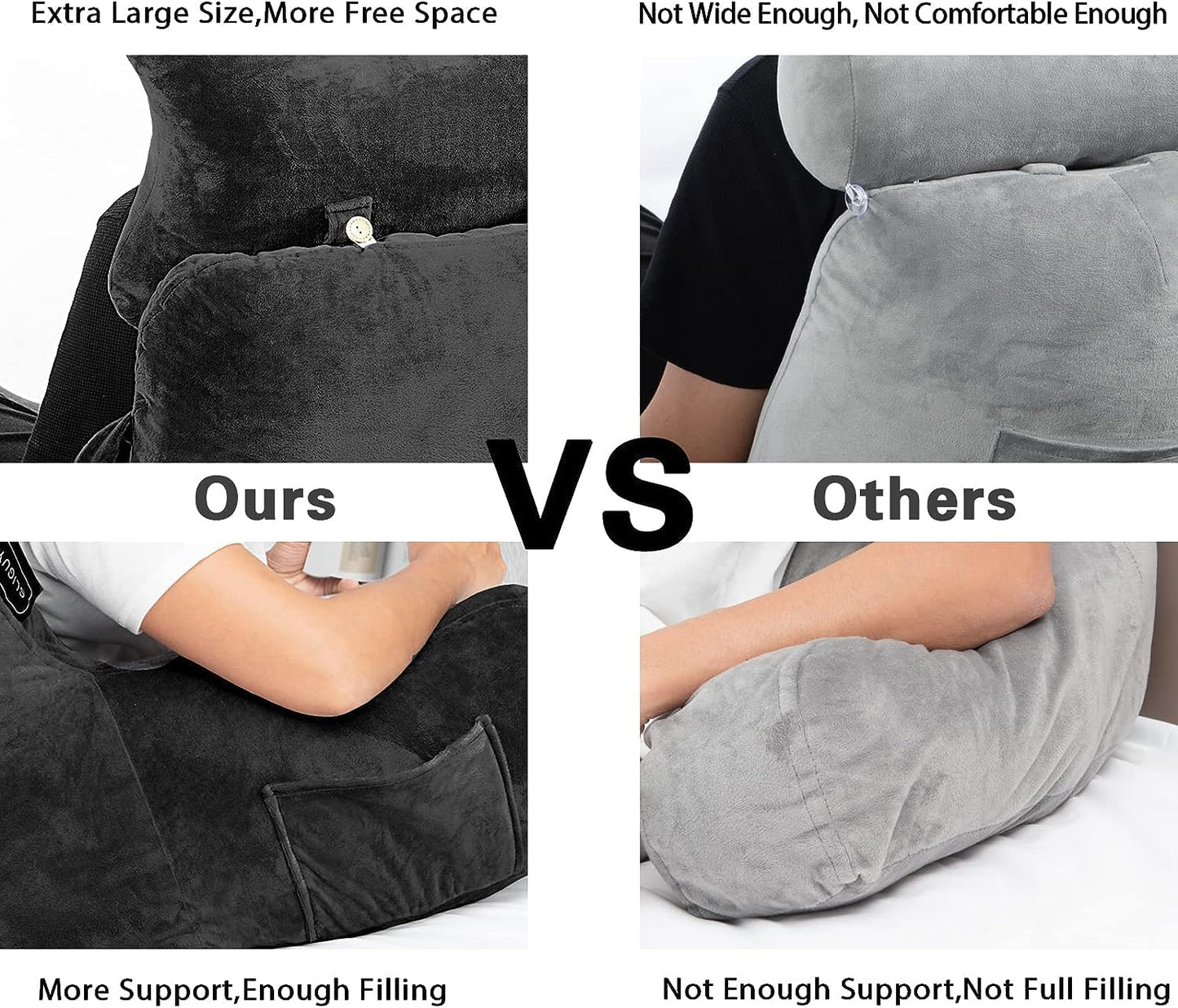 Reading pillow extra large, 31 inches, bed rest pillow with removable neck roll and arms for sitting in bed or on the couch, back support, reading pillow, back pillow for adults, watching TV, black