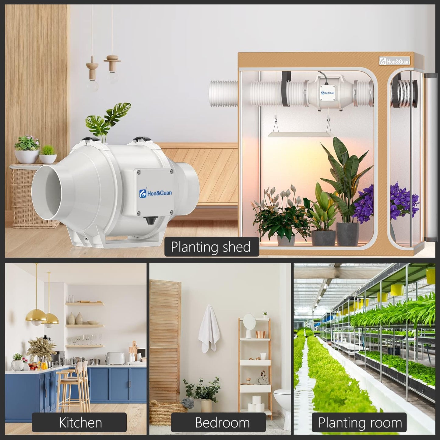 Hon&Guan 125mm Inline Duct Fan Quiet Tube Ventilation Fan Exhaust Fan with 1m EU Power Cord 284m³/h for Office, Warehouse, Hydroponics, Bathroom, Grow Rooms