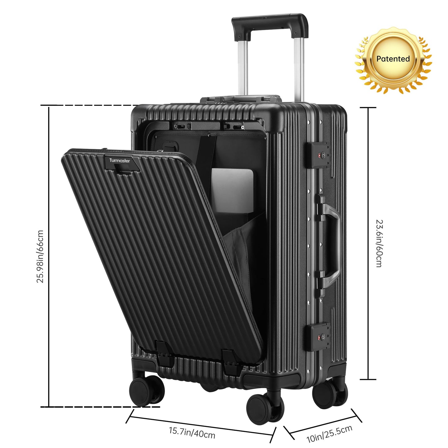 Toumaster Patented Airline Approved Carry-On with Spinner Wheels, 20-inch suitcase with aluminum frame, built-in TSA lock, USB port & cup holder, phone holder travel luggage (Black)