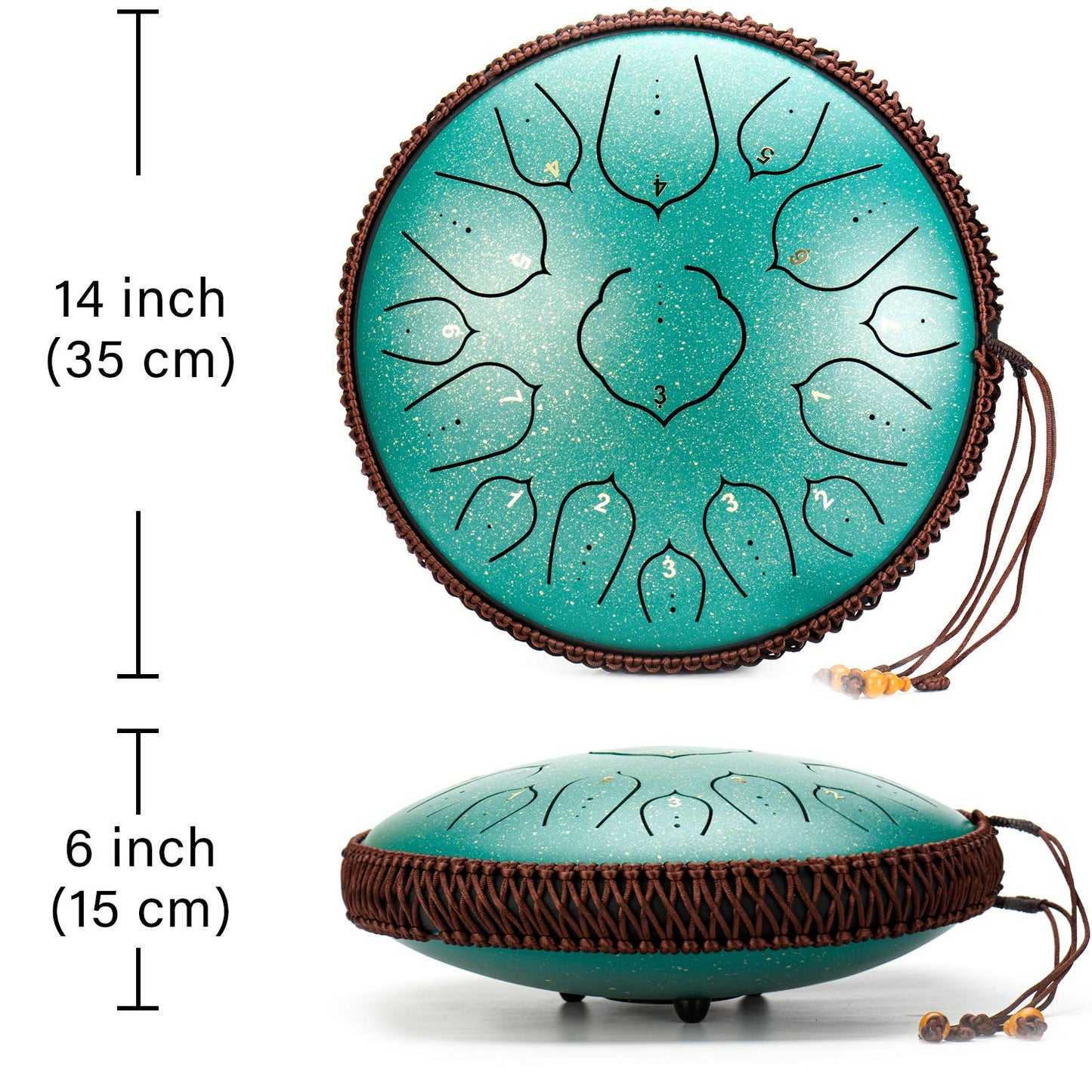 AMKOSKR Steel Tongue Drum, 14 inch 35 cm Steel Tongue Drum, D major 15 notes, Hand Drum HandPan Drum with drumsticks/ carrying bag (Green)