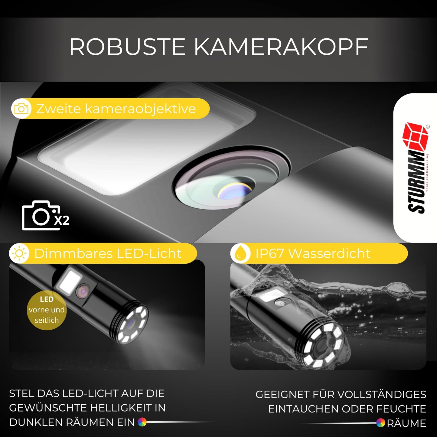 Industrial endoscope with dual camera, 10-meter cable, and 4.5-inch IPS display.