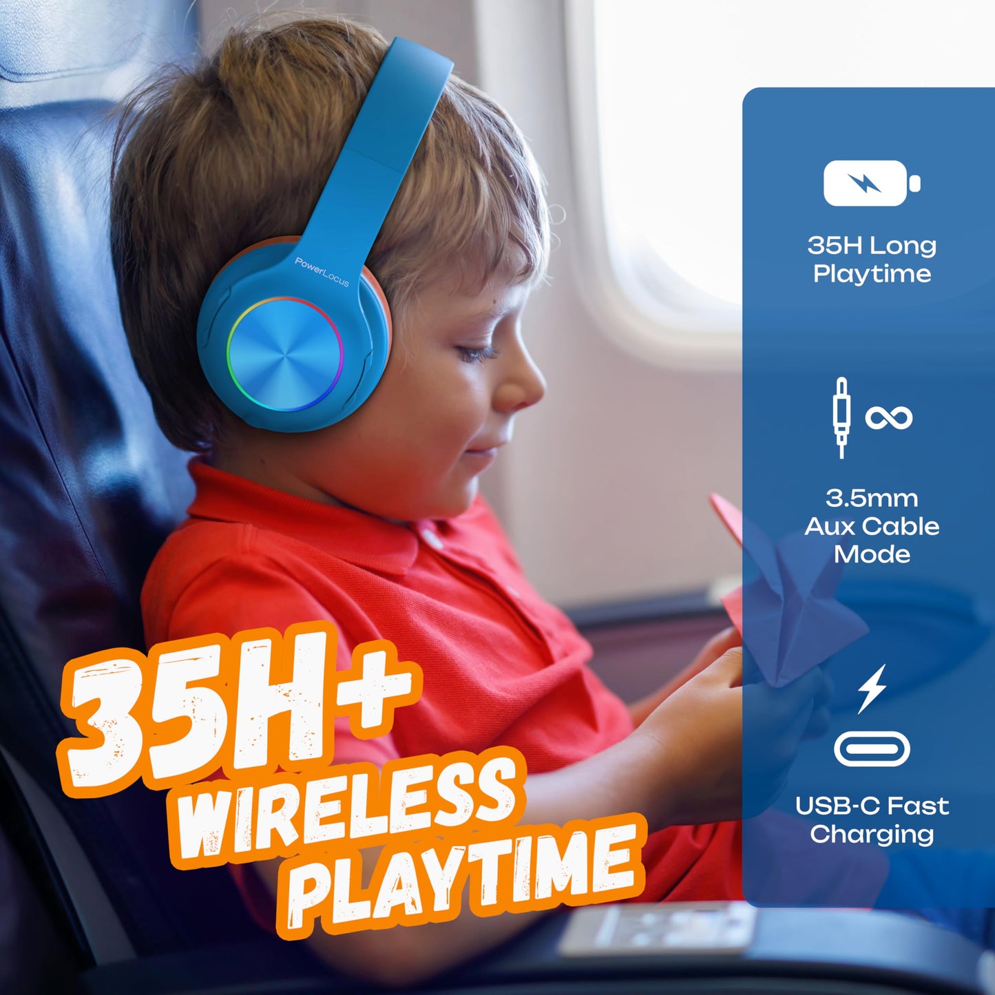 PowerLocus Kids Bluetooth Headphones, Wireless Headphones with LED Lights and 94DB Volume Limitation, Foldable Design, HD Stereo, Micro SD, Built-in Microphone for School/Laptop/Phone/TV