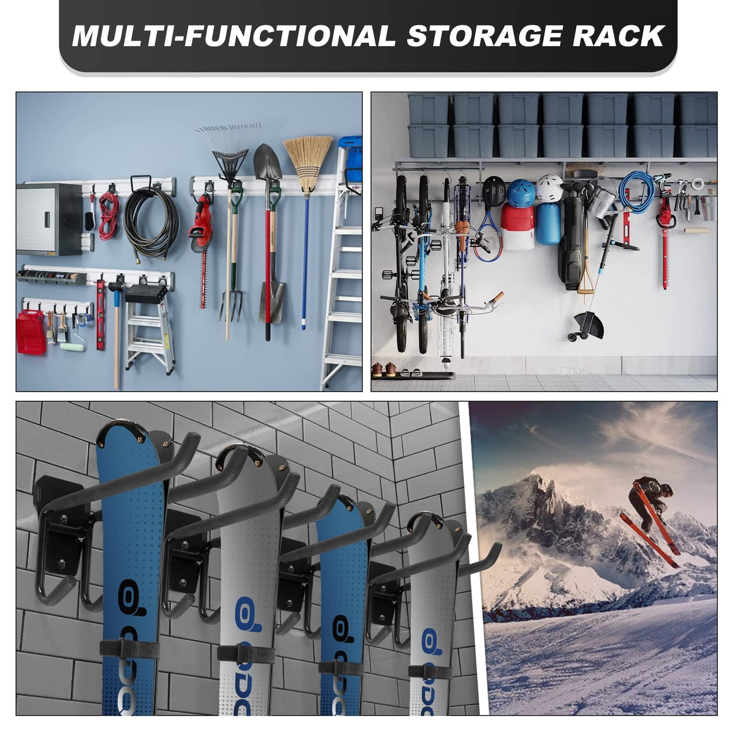 Odoland ski holder wall mount rack with 4 ski strap holders 2 pairs snowboard rack wall mount home and garage heavy duty storage hanger.
