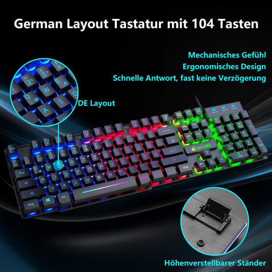 Gaming Keyboard and Mouse Set, QWERTZ German Layout Rainbow LED Backlight Ergonomic Keyboard 6 Buttons 2400 DPI Mouse and Mousepad, USB Wired, Compatible with PS4 Xbox, Black