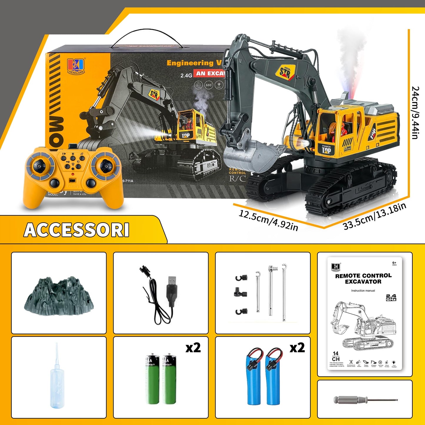 FUYLEY Remote Control Toy for Boys, Metal Shovel for 14K RC Excavator, 2.4 GHz with Sound Spray, Construction Toy RC 680° Rotation for Boys Gift