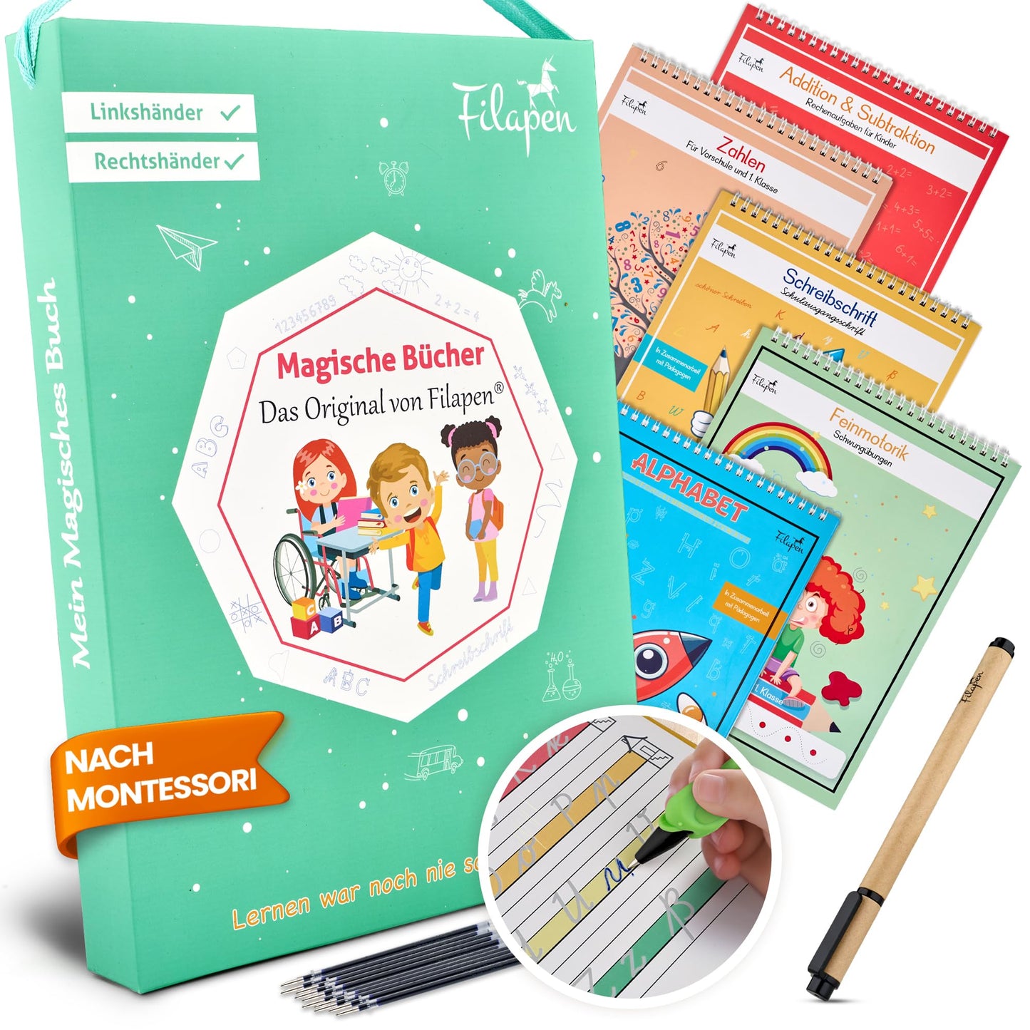 Filapen® Magic Preschool Workbooks for Ages 4+ - 5 Practice Books + Pen (reusable) - Learn to Write & Count, Practice Letters & Numbers - For Left-Handed and Right-Handed individuals
