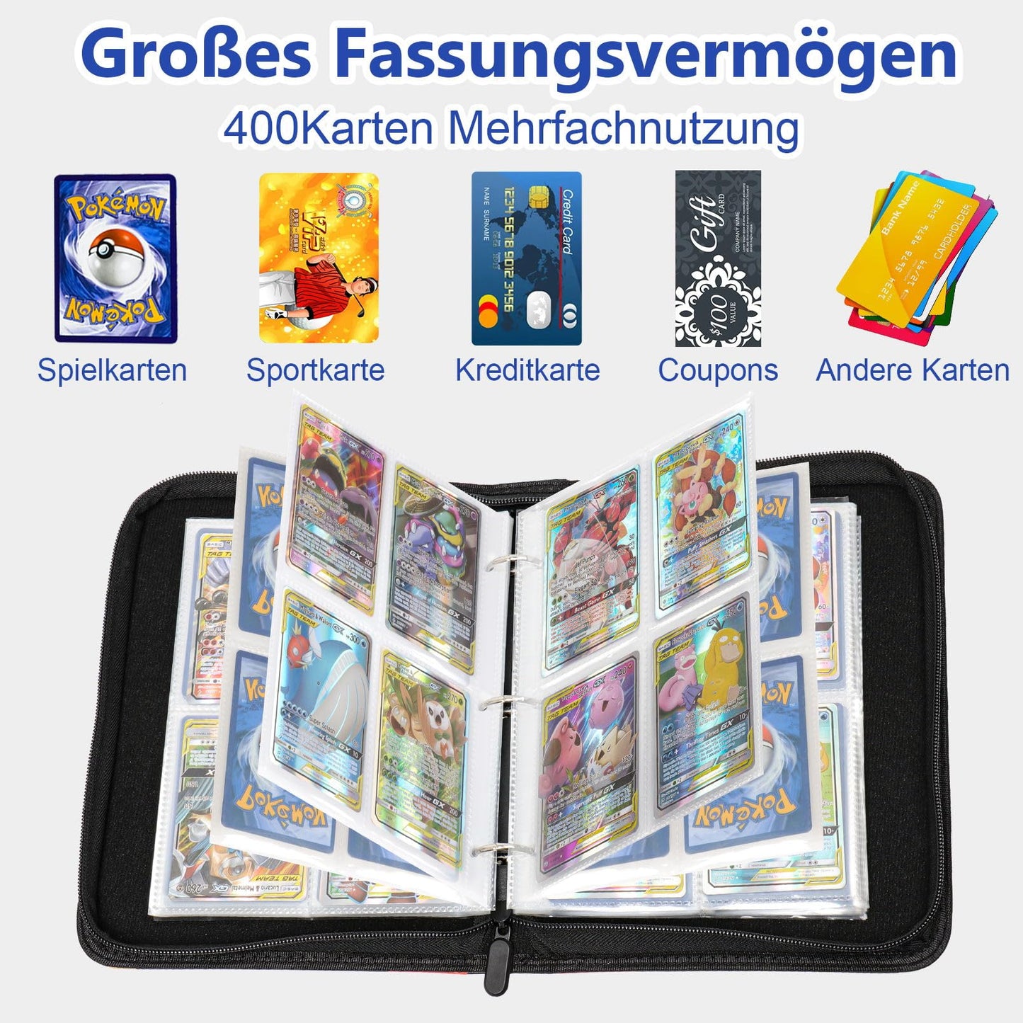 Pokemon card collector's album, 50 pages with 400 pockets. Portable and waterproof PU card holder binder book for collectors. 50 cards per page.